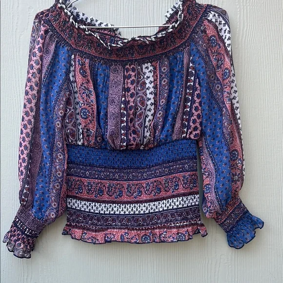 VENUS Blue and Green Smocked Off-Shoulder Blouse - Picture 4 of 4